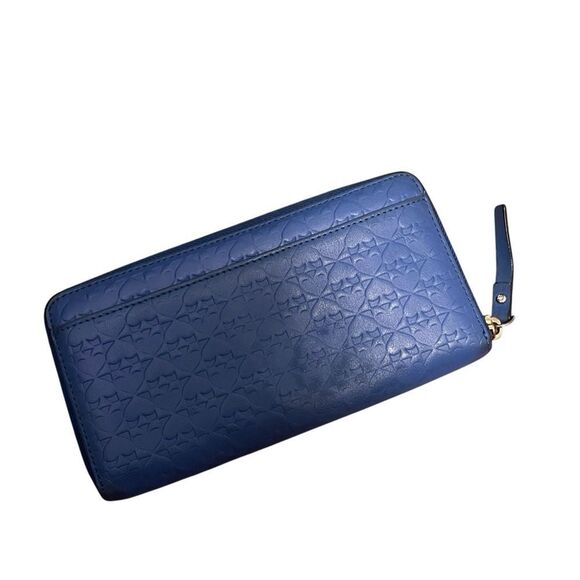 Kate Spade Embossed Logo Zip Around Wallet Blue Leather - Picture 2 of 5